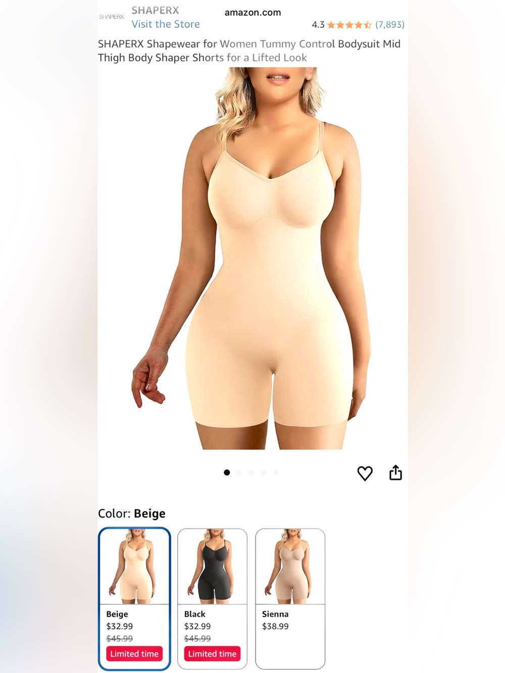 SHAPERX Shapewear Beige Tummy Control Bodysuit